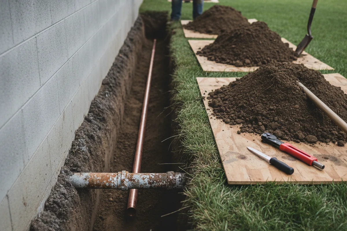 Excavated water line trench during Water Softener Installation in Greenwich